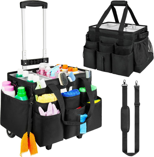 Large Rolling Cleaning Caddy Bag with Detachable Trolley,Cleaning Cart on Wheels with Shoulder Strap,Cleaning Supplies Organizer for Housekeepers,Black
