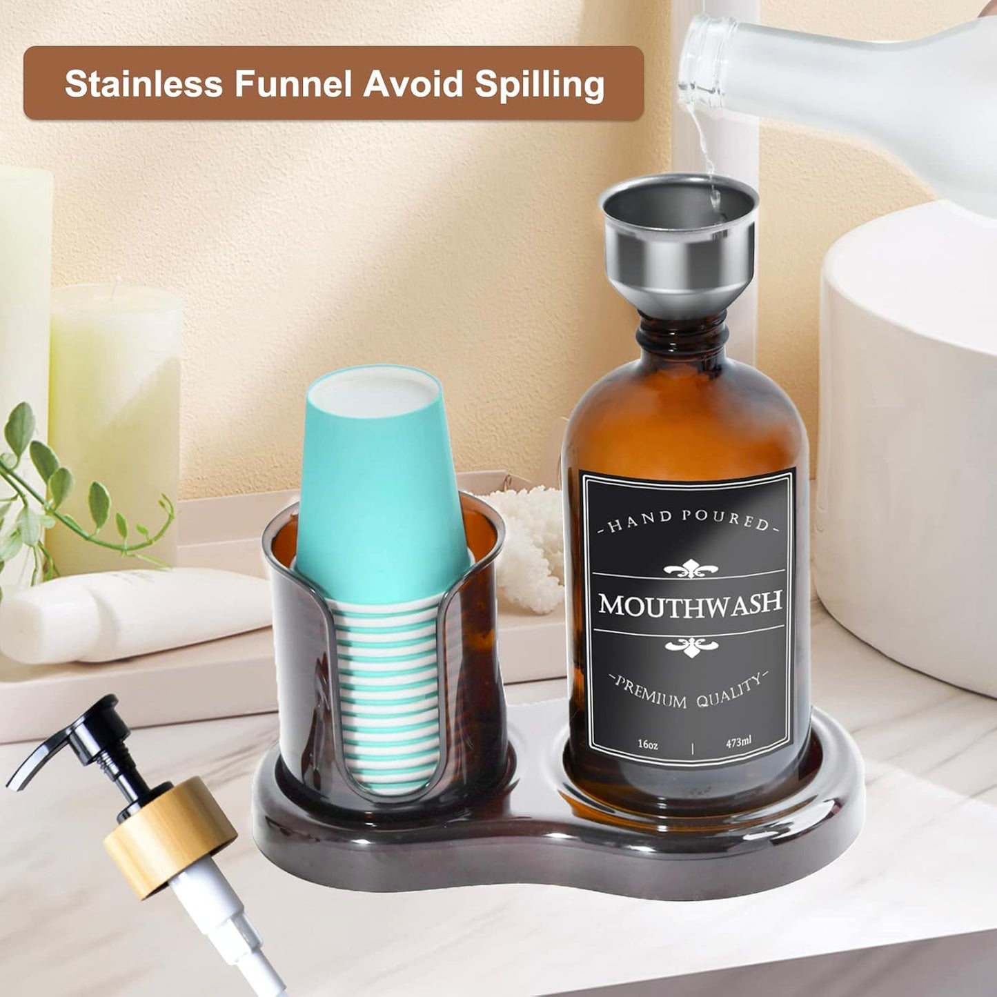 Amber Glass Mouthwash Dispenser with Cup Holder for Bathroom, 16oz Refillable Mouthwash Bottles Container with Tray, Funnel and Waterproof Labels