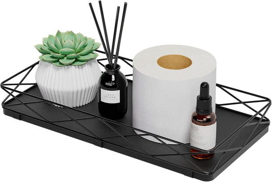 Toilet Paper Basket Holder, 13" Bathroom Tray Countertop, Wood and Metal Toilet Tank Tray Bathroom Vanity Organizer for Toiletry, Kitchen Sink Organizer for Soap Dispenser (Black)