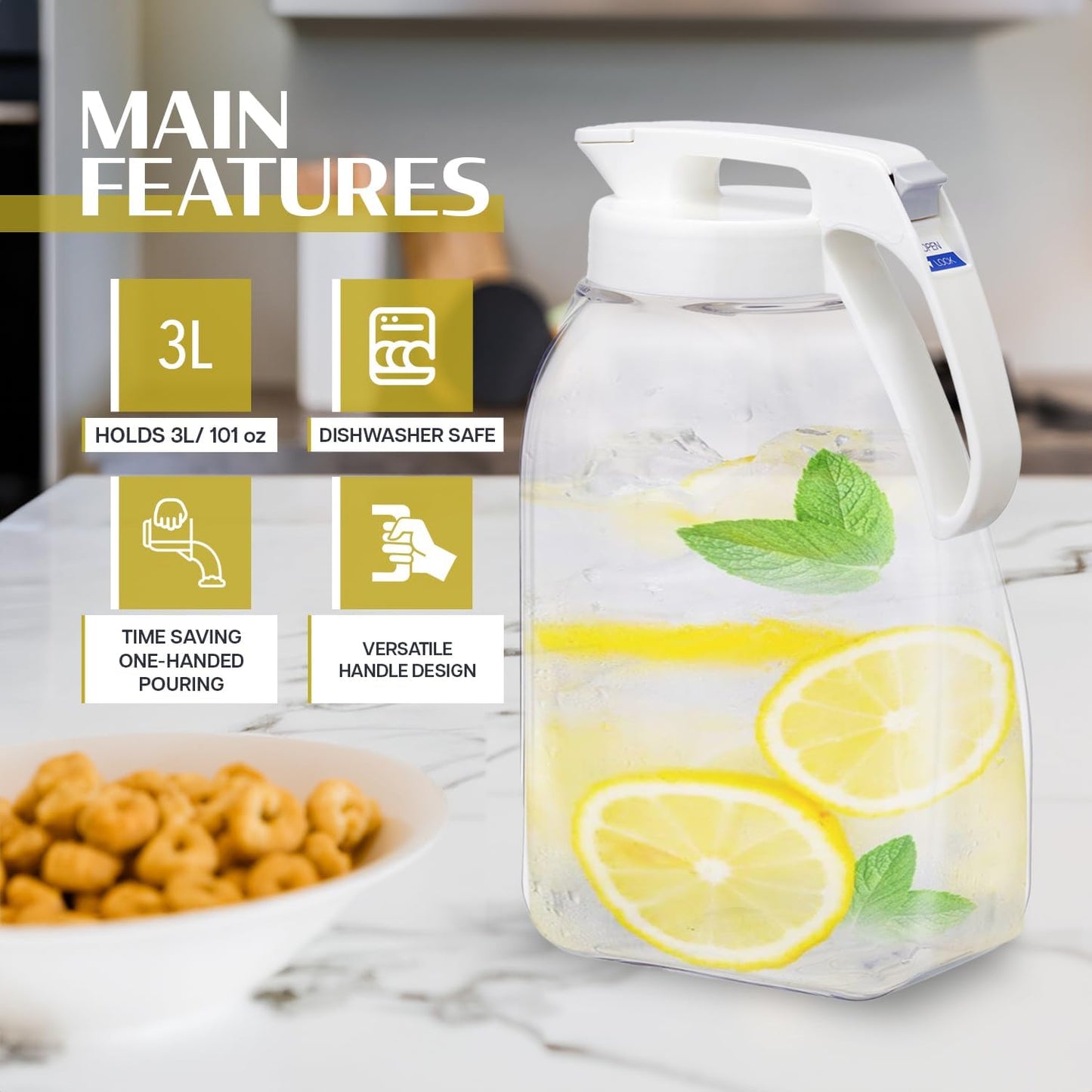 QuickServe Large Airtight Pitcher - 3L (101oz), Heat Resistant, BPA-Free SAN Plastic, One Touch Open & Close, Space-Saving, Made in Japan - White
