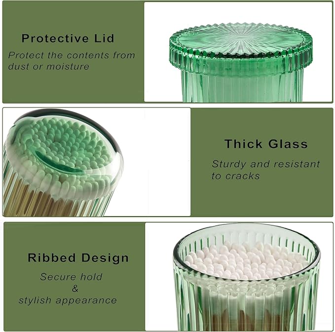 2 Pack Glass Qtip Holder Dispenser Set - Bathroom Organizer for Cotton Swabs, Balls, Pads, Floss Picks - Clear Apothecary Jars for Vanity, Makeup Storage, Bathroom Accessories Decor (Green)