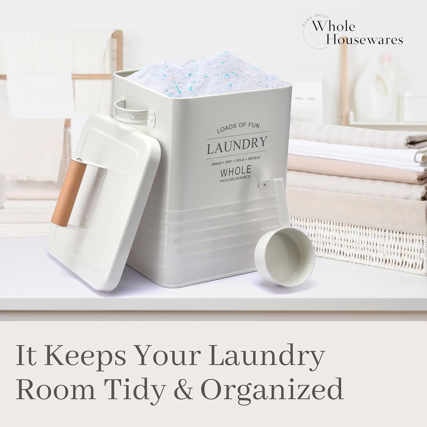 Whole Housewares Laundry Detergent Container - Tin Farmhouse Metal Laundry Powder Soap Dispenser With Scooper, Airtight Lid And Handles - Vintage Soap Pod Holder Storage Bin With Lid And Scent Holders