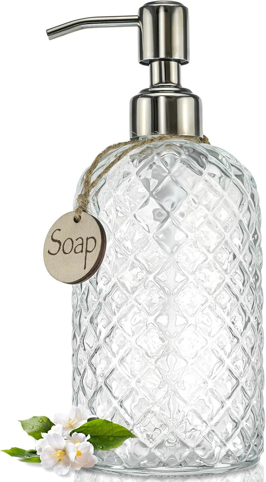 JASAI 18Oz Gem Patterned Clear Glass Soap Dispenser with Rust Proof Pump, Refillable Hand soap Dispenser for Kitchen, Premium Bathroom Soap Dispenser for Dish Soap, Hand soap, Lotion(Clear).