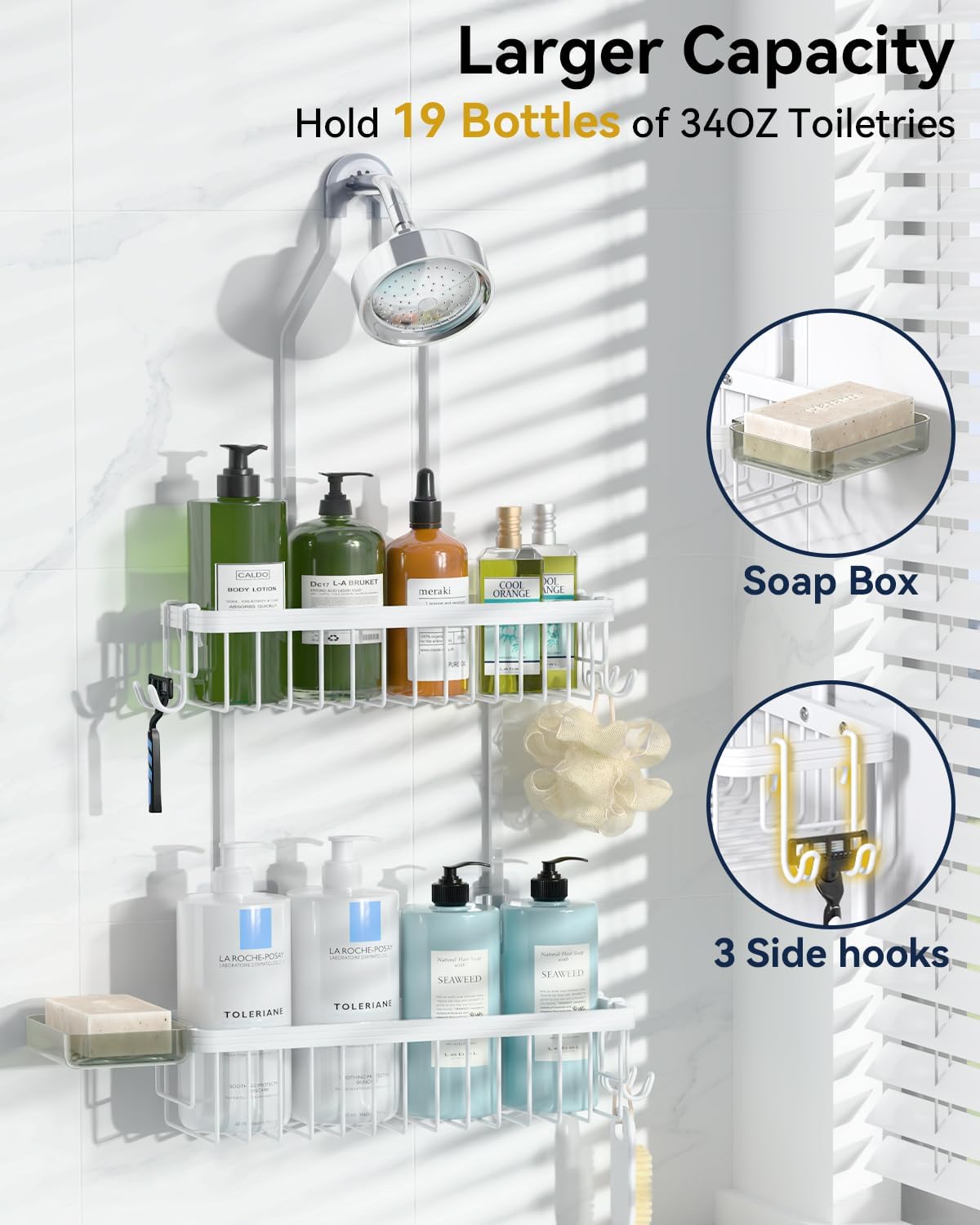 YASONIC Shower Caddy Hanging, Never Rust Shower Organizer Hanging, Aluminum Shower Racks for Inside Shower with Hooks for Razor, Bathroom Organizers and Storage with Soap Holder, White