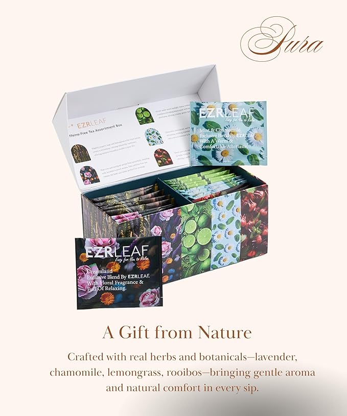 Decaf Herbal Tea Sampler – EZR Leaf 22ct Caffeine-Free Pyramid Bags, Assorted Fruit & Floral Blends with Lemon Verbena, Chamomile Mint, Dreamland, Roselle – Variety Tea Gift Set for Tea Lovers