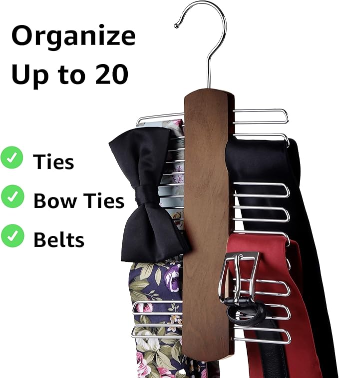 Umo Lorenzo Premium Wooden Tie and Belt Hanger - Gift Set for Men - Walnut Wood Organizer and Storage Rack