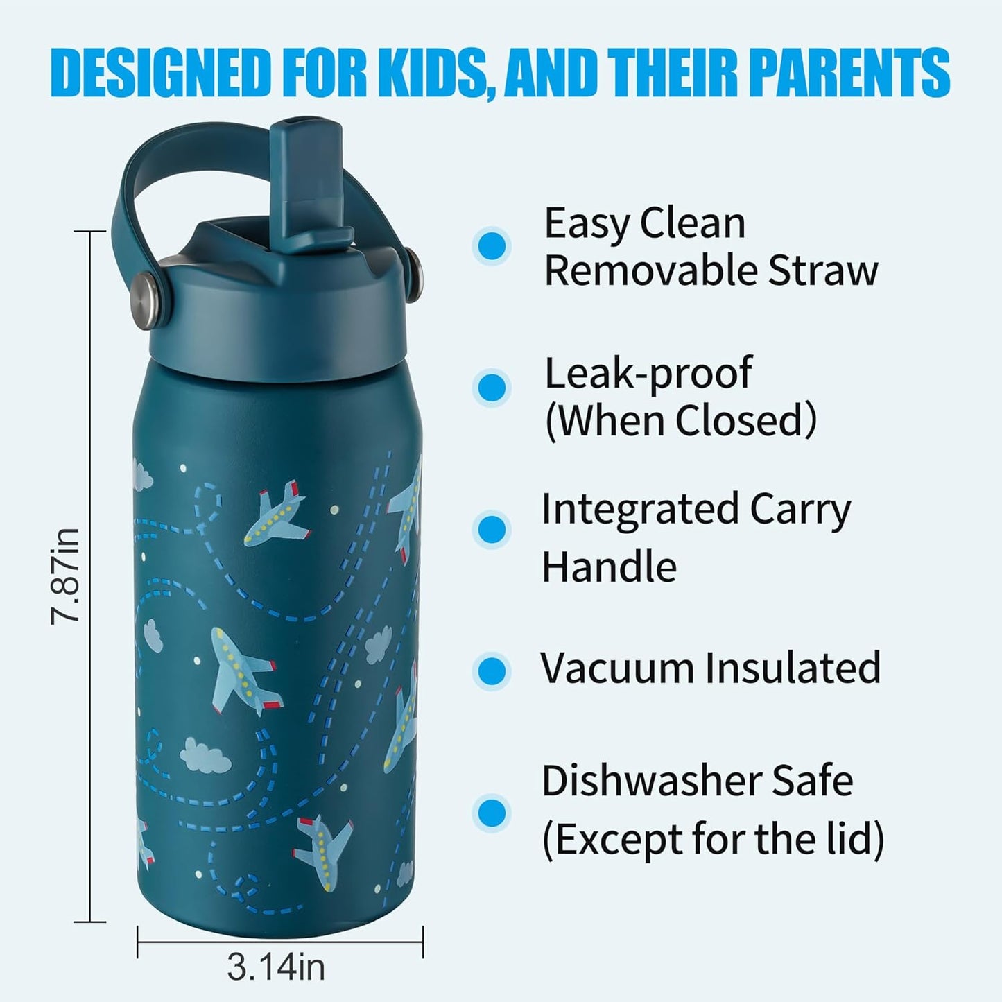 OLDLEY kids Water Bottle - 18oz Insulated Stainless Steel - Wide Straw Lid, Non Spill, Leakproof, Kids Water Bottle for School,Airplane