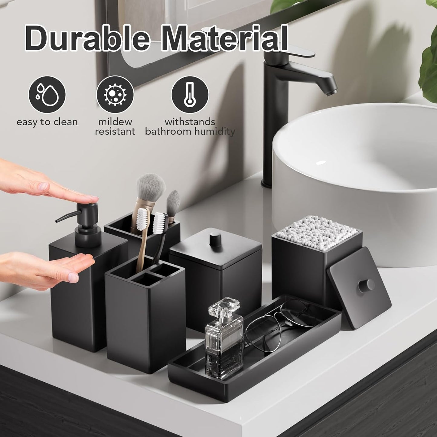Black Bathroom Accessories Set Resin 6PCS, Square Toothbrush Holders Set Complete with Soap Dispenser, Vanity Tray, Tumbler, Cups and Cotton Swab Jars for Counter, Sink or Small Spaces