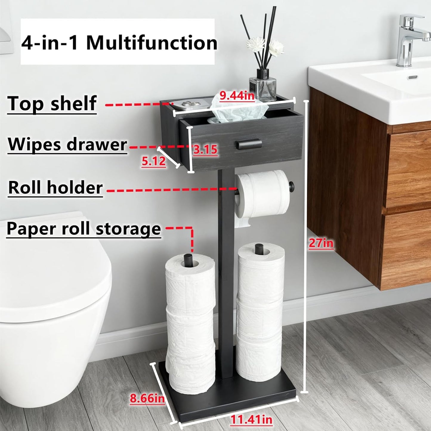 Freestanding Toilet Paper Holder Stand with Shelf, Black Wood Toilet Paper Roll Holder with Wet Wipes Storage Drawer,Bathroom(2 Rods,Stores 6 Rolls)