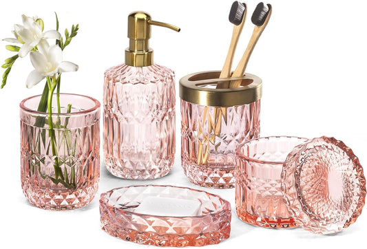 EMPO 6PCS Bathroom Clear Glass Accessories Set (Lotion Soap Dispenser, Soap Dish, Toothbrush Holder, Tumbler, Cotton Swab Jar), Contemporary Modern Decor Crystal Vintage Gift (6pcs Light Pink)