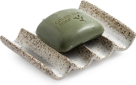 Soap Dish for Shower, Self Draining Bar Soap Holder for Shower, Ceramic Bathroom Soap Saver with Fluted Design, Suitable for Soap Bar, Sponge