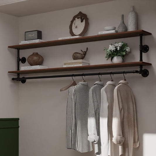 Clothes Rack 55in, 2-Tier Wall Mounted Garment Rack with Real Wood Shelf, Heavy Duty Hanging Clothes Rack, Multi-Purpose Hanging Rod, Space-Saving Closet Storage