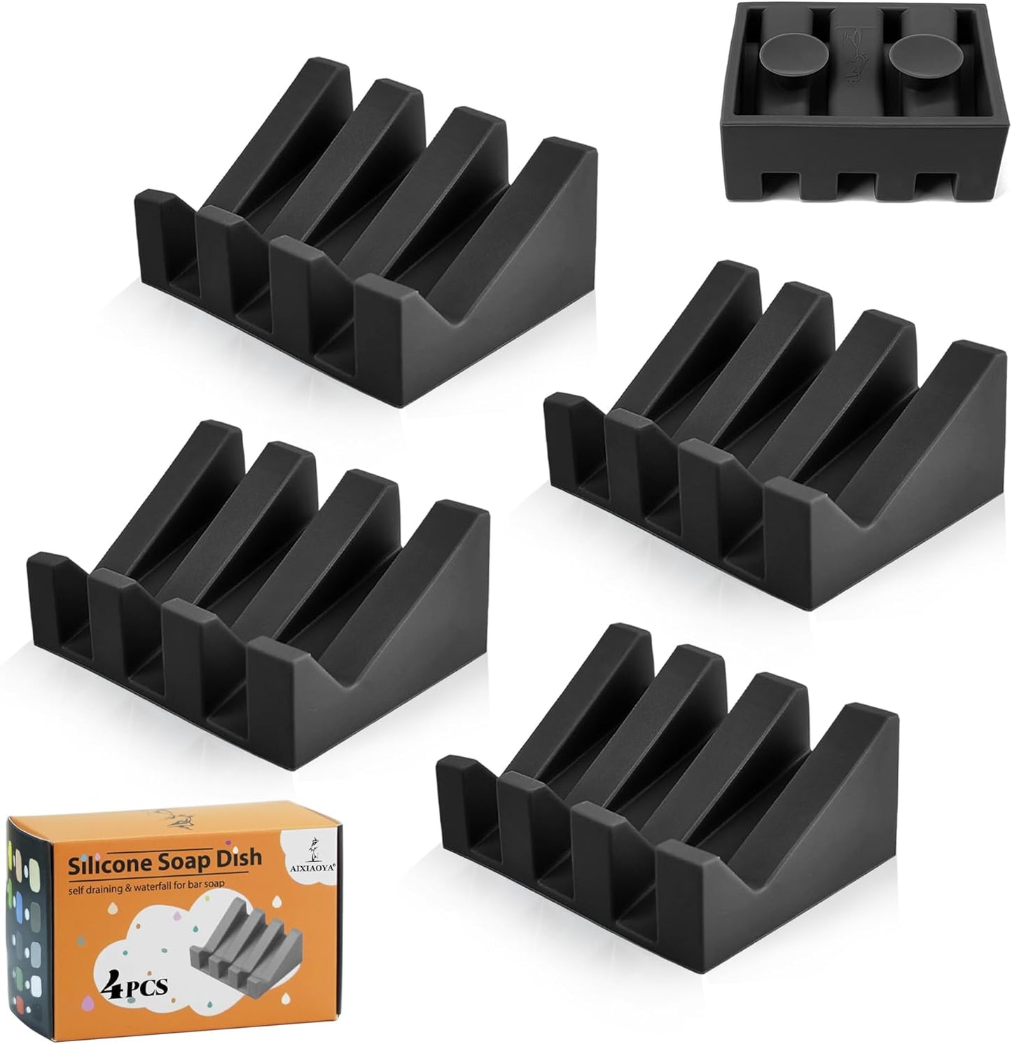 Silicone Soap Dish with Drain, Upgrade Double Suction Cups at The Bottom for Anti-Slip and Stability, Soap Dish Shower Waterfall Bar Soap Holder Tray with Drain Soap Holder (4, Black)