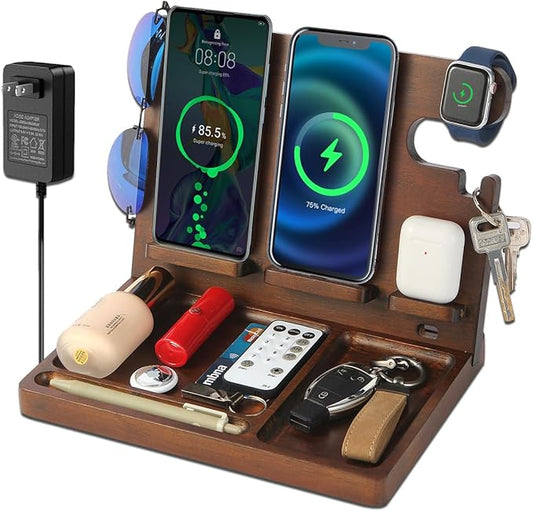 Wireless Charging Station,Wood Phone Docking Station for Men,Nightstand Organizer Charging Station with 4 Wireless Charger Fast Charging for iPhone/Samsung/Apple Watch/Earbuds,Gifts for Men
