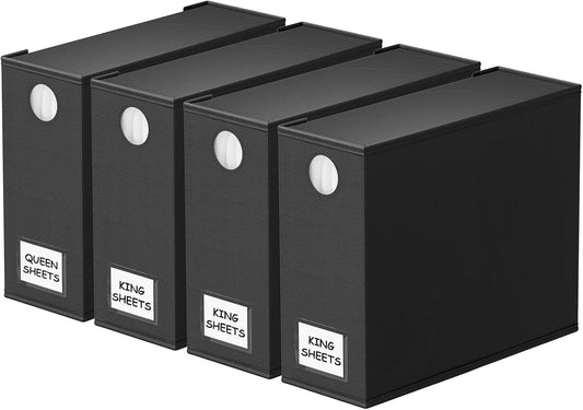 SpaceAid 4 Pack Bed Sheet Organizers and Storage, Foldable Sheet Organizer for Linen Closet, Sheets Set Folder Keeper with Window XL (Queen & King Size) Organizing Bedding Container, Black