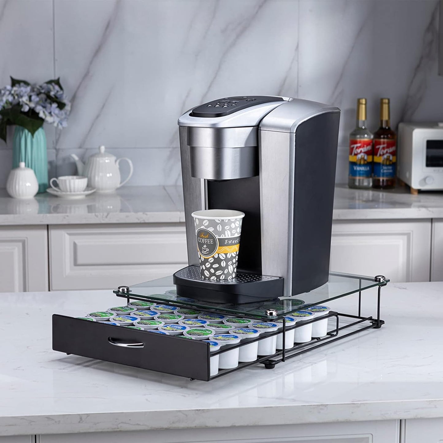 Rice rat Coffee Pod Holder for Keurig Pods Glass Top Drawer,K cup Holder Capsule Display Storage compatibility 42 k-cup(Black)