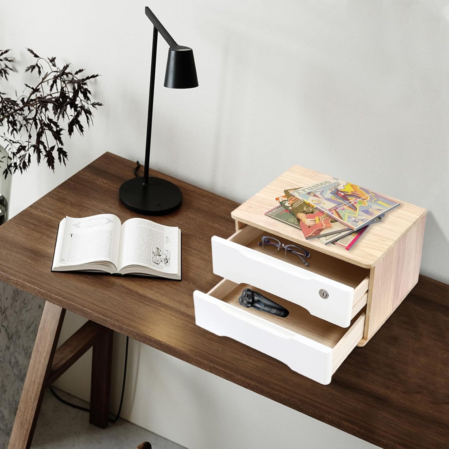 2-Tier Wooden Desktop Storage Box Desk Organizer with 2 Drawers and Lock Countertop Drawers Organizer for Office Supplies File Paper Cosmetic Jewelry, 15.4x11.8x8.5 in (Light Brown and White)