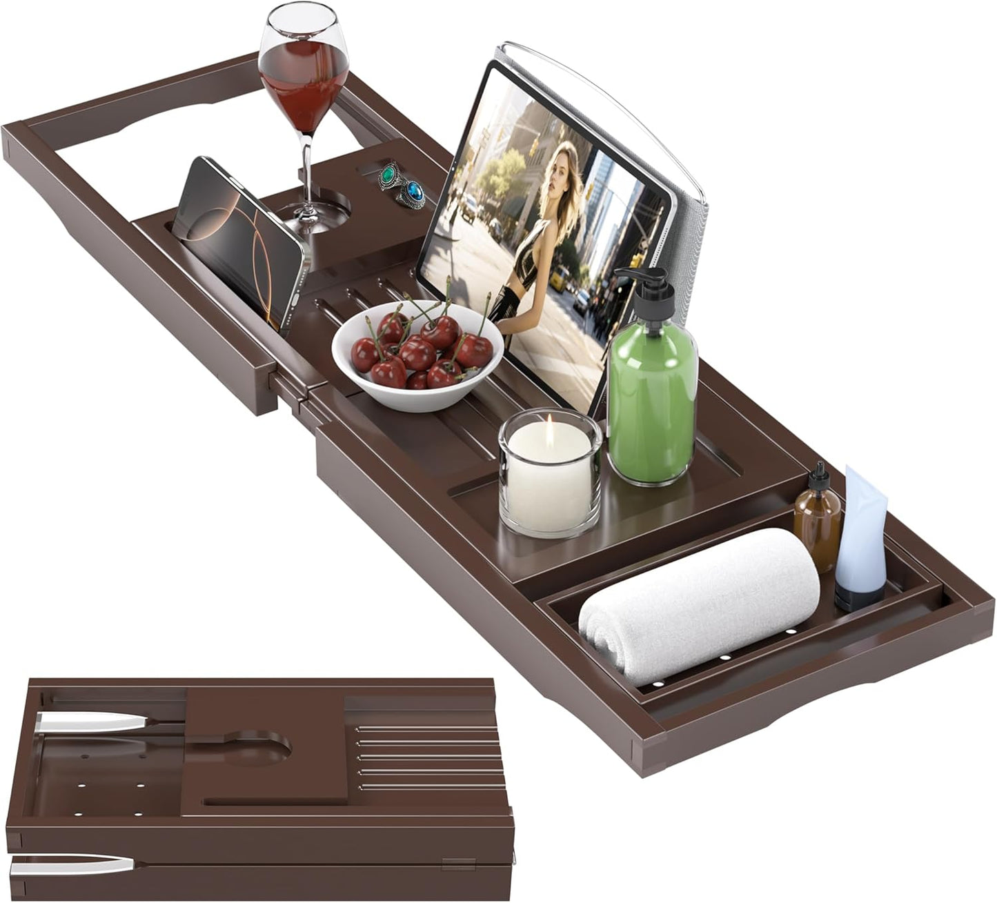 Foldable Bathtub Caddy Tray for Tub,Bamboo Expandable Bath Table Trays,Premium Bathroom Accessories for New Home & Mothers Day & Birthday Gifts for Couples,Brown