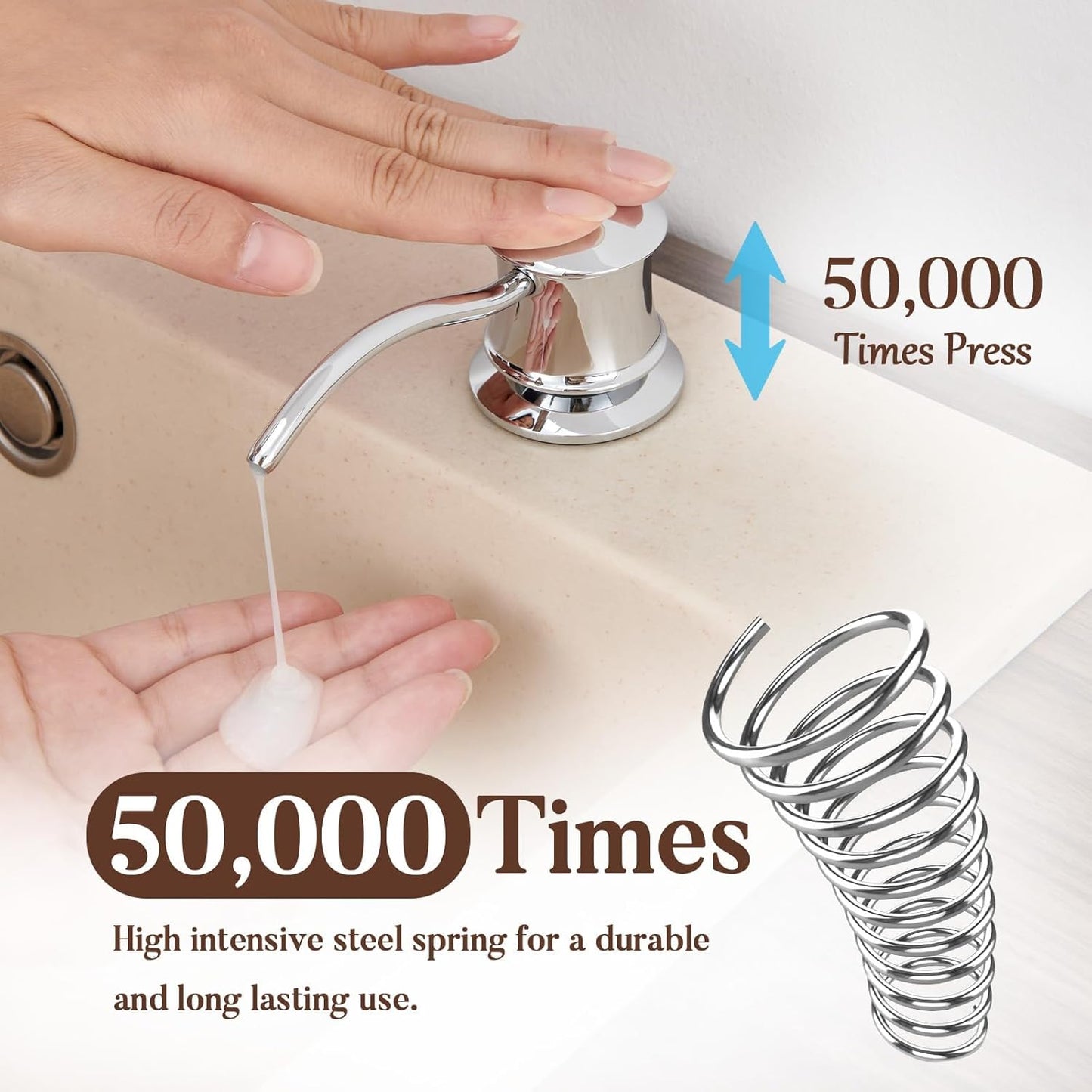 Built in Soap Dispenser for Kitchen Sink Countertop, Solid Brass Pump Head Long Spout with 10.2 Ounce PET Food Safe Material Lotion Bottle, Chrome Finish