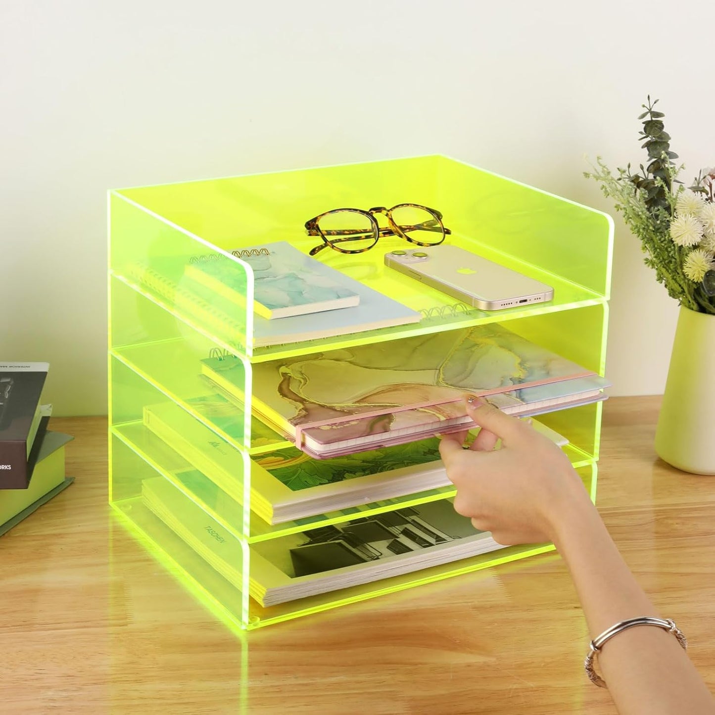 Acrylic File Organizer for Desk 4 Tiered Stackable Letter Tray Office Paper Storage Desktop Document Sorter, Neon Green