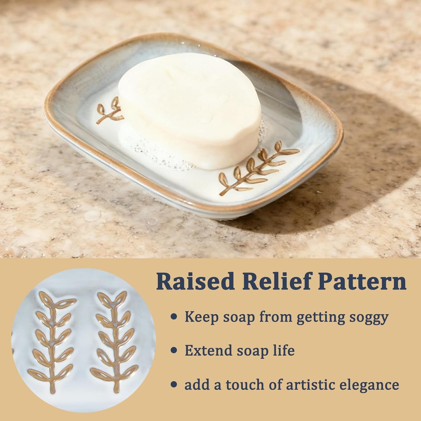 Aesthetic Ceramic Soap Dish for Shower, Soap Holder with Raised Relief, Shower Soap Dish for Shampoo Bar Or Sponge, Soap Saver for Bathroom, Kitchen, Sink, Decorative Soap Tray(Grey&White)