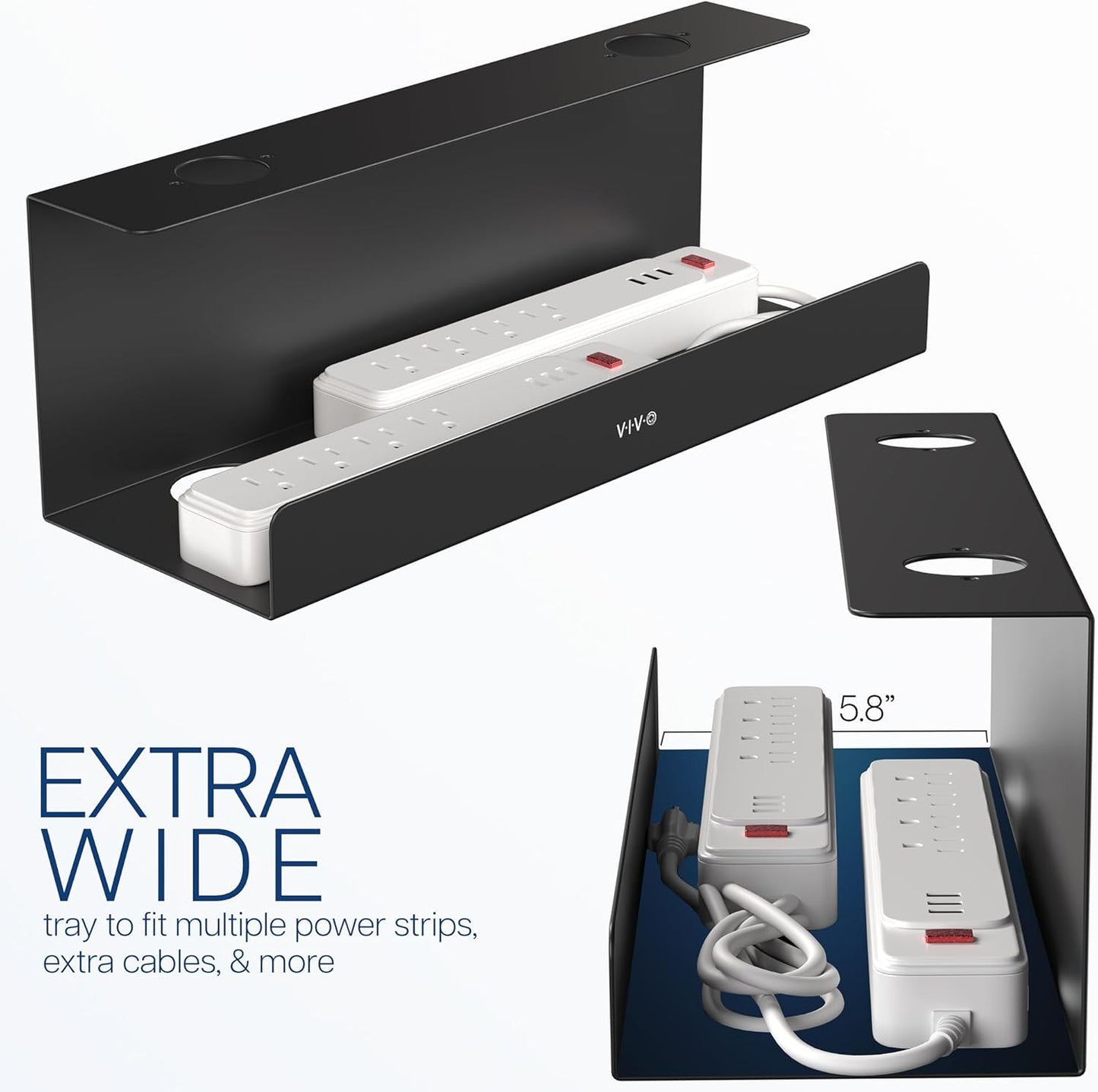 VIVO Under Desk 17 inch Extra Deep Cable Management Trays, Power Strip Holders, Cord Organizers, Wire Tamers for Office and Home, Black, 2 Pack, DESK-AC16-2C