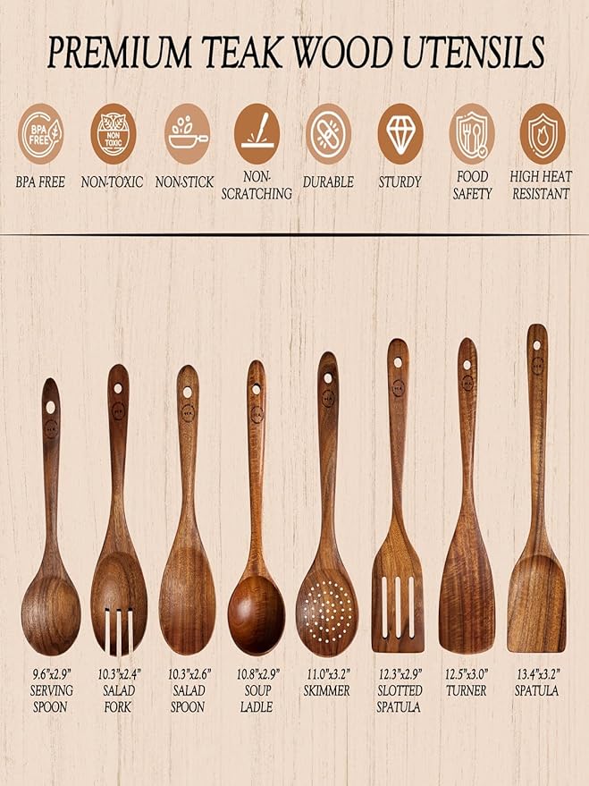100% Natural Teak Wood Wooden Utensil Set – 8 Pcs Durable Kitchen Spoons for Cooking – Non-Stick & Heat Resistant, Eco-Friendly & Comfortable Grip