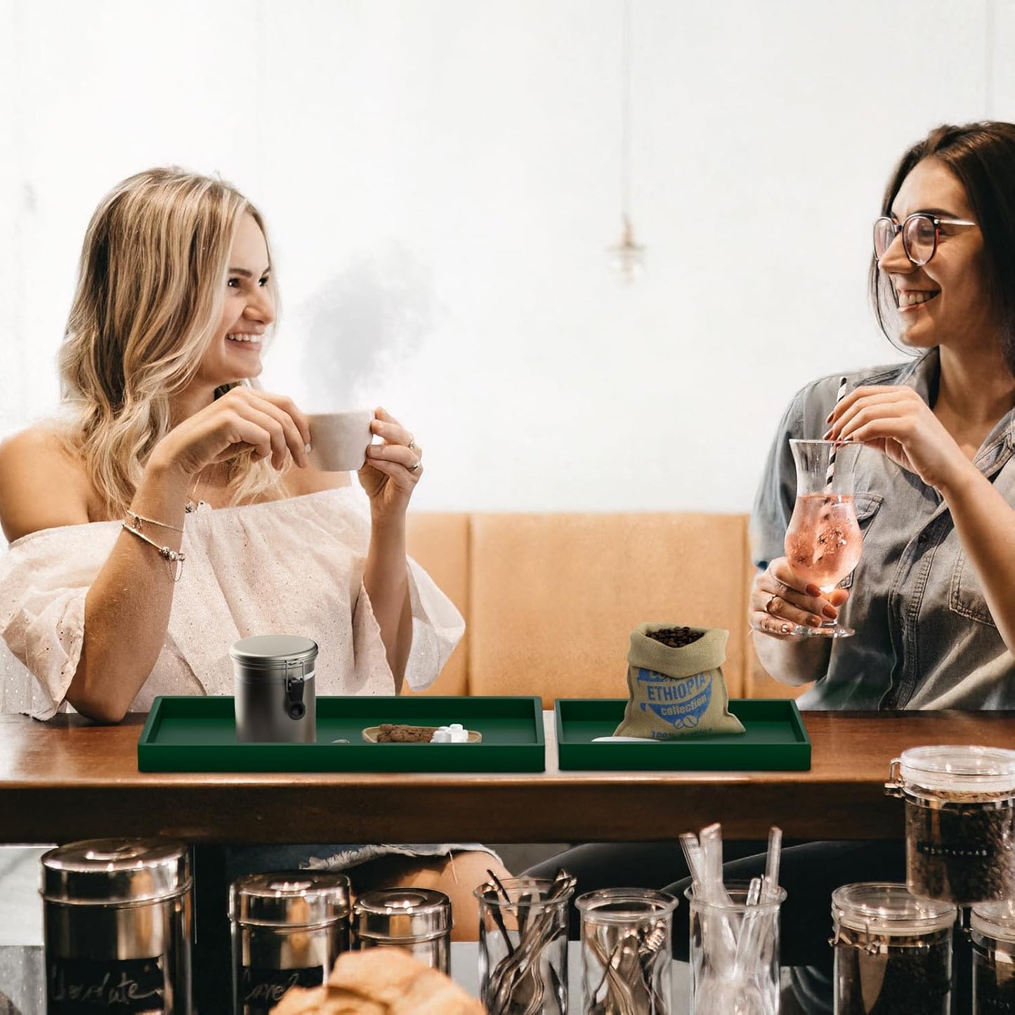 BBK Bathroom Vanity Tray- 2 Pack (7.8" and 11.8") Silicone Bathroom Tray for Counter, Perfume Key Trinket Ring Tray, Decor Soap Dispenser Countertop Tray for Kitchen Sink Organization.(Green)