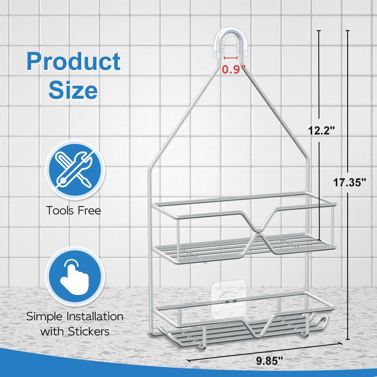 TreeLen Rustproof Shower Caddy, Hanging, Stainless Steel, 4 Hooks, 2 Shelves, Non-Slip