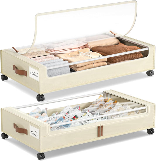 Yecaye Under Bed Storage with Wheels, 2 Pack Under Bed Storage Containers, 60L Underbed Shoe Storage with Clear Window & Label, Rolling Under Bed Metal Drawer for Clothes, Shoes, Books, Blankets