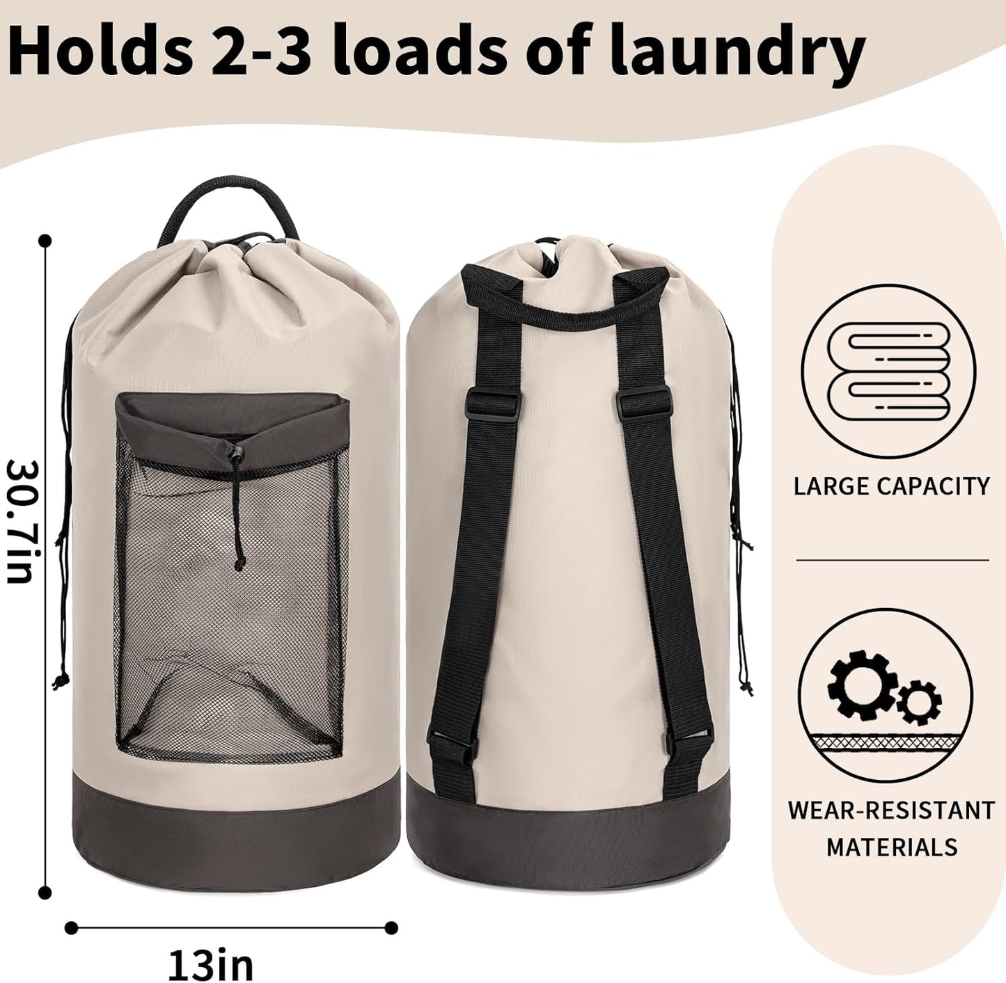 Laundry Bag Backpack with Shoulder Straps and Mesh Pocket Foldable Clothes Hamper Bag with Drawstring Closure for College, Apartment, Laundromat (Grey)