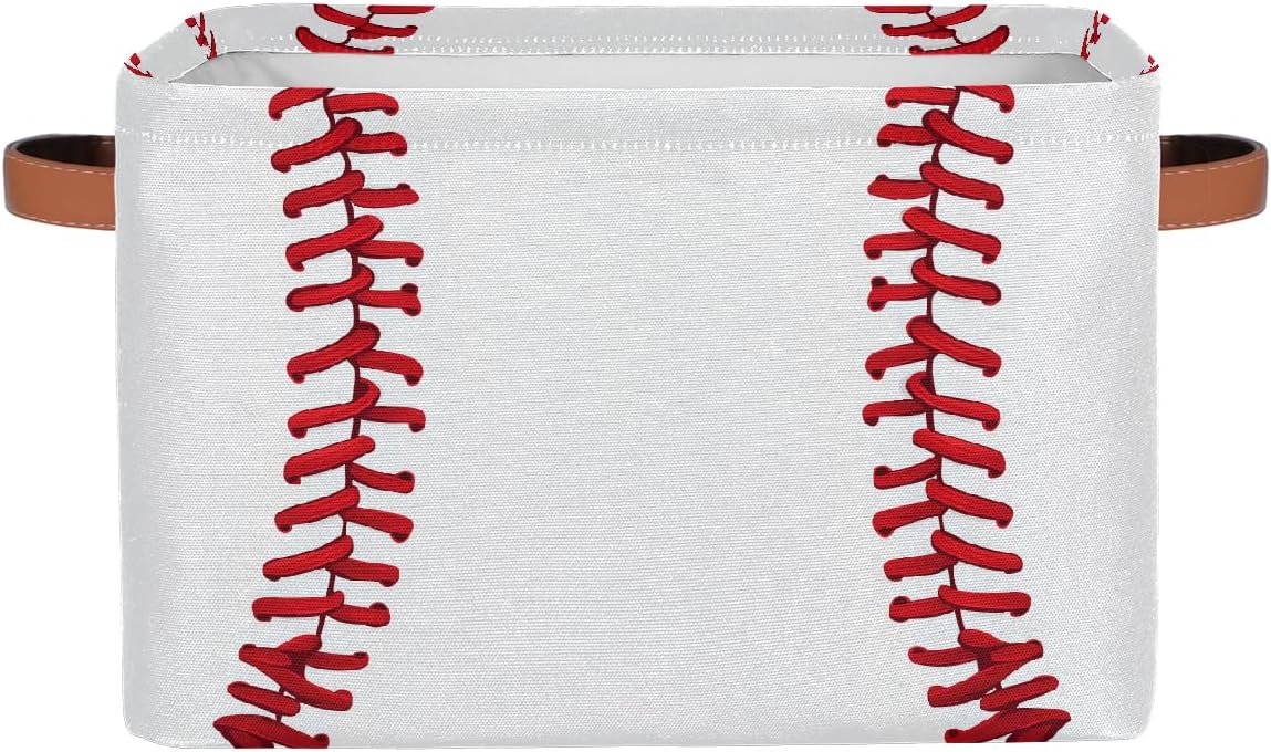 Baseball Storage Basket for Shelves, Storage Bins with Handles, Collapsible Basket for Organizing, Closet Toy Baskets for Nursery Room, 15x11x9.5 in, Canvas, Sports Baseball Stitches Lace