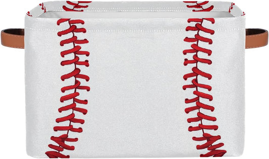 Baseball Storage Basket for Shelves, Storage Bins with Handles, Collapsible Basket for Organizing, Closet Toy Baskets for Nursery Room, 15x11x9.5 in, Canvas, Sports Baseball Stitches Lace