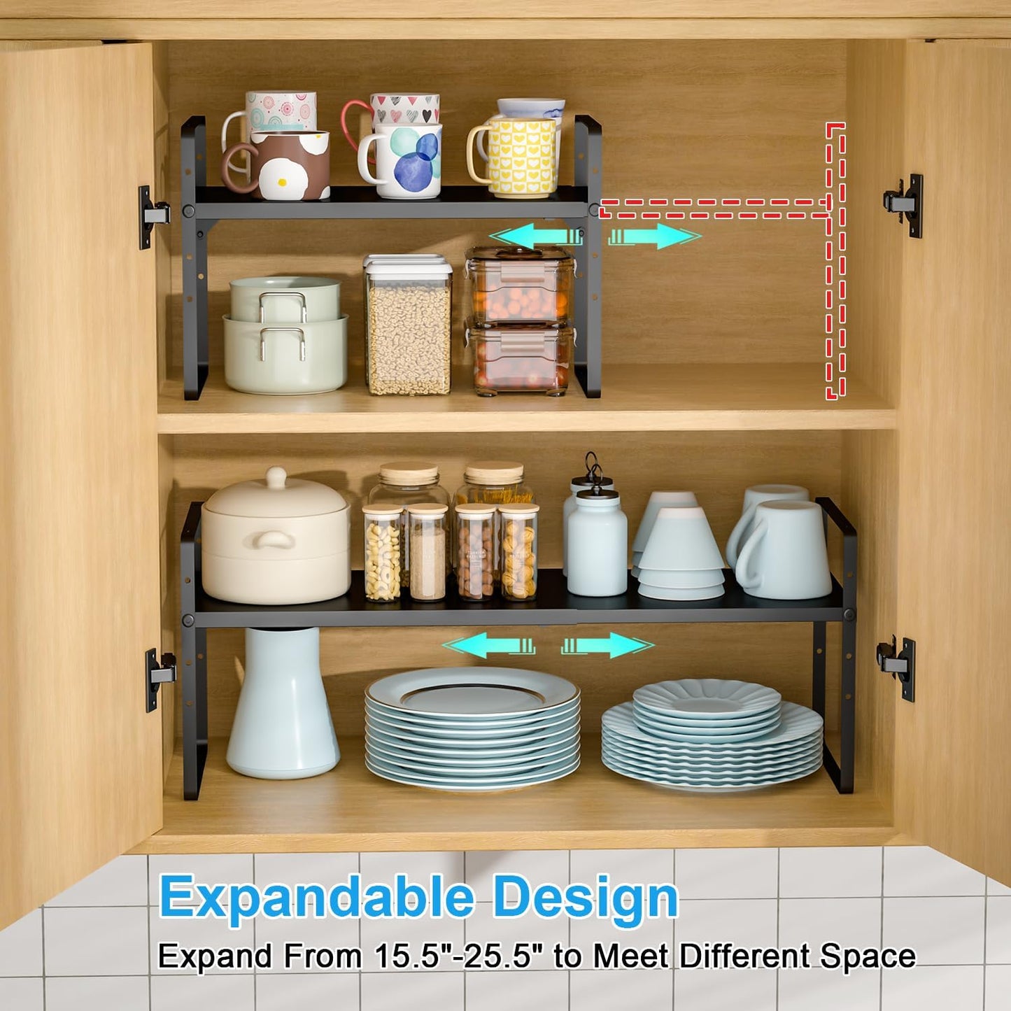 15.5 to 25.5 Inch Expandable Kitchen Cabinet Organizer Shelf, 2 Pack 30 LBS Heavy Duty Adjustable Kitchen Counter Storage Shelves Organizers,Stackable Small Storage Shelf Rack For Cabinet Cupboard