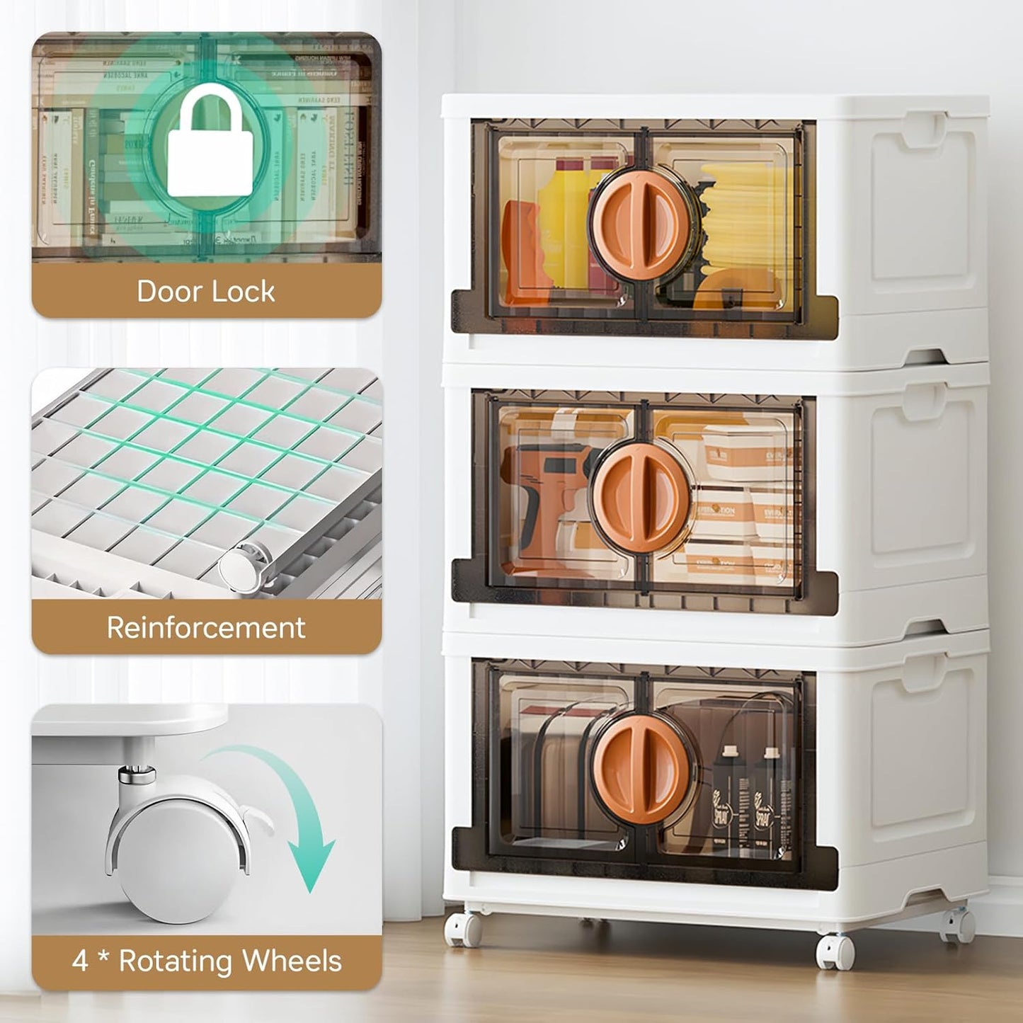 JEKO&JEKO 581Qt Lockable Stackable Storage Bins with Lids, Collapsible Closet Organizer with Wheels, Plastic Cabinet Drawer for Clothes 7 Pack (White)