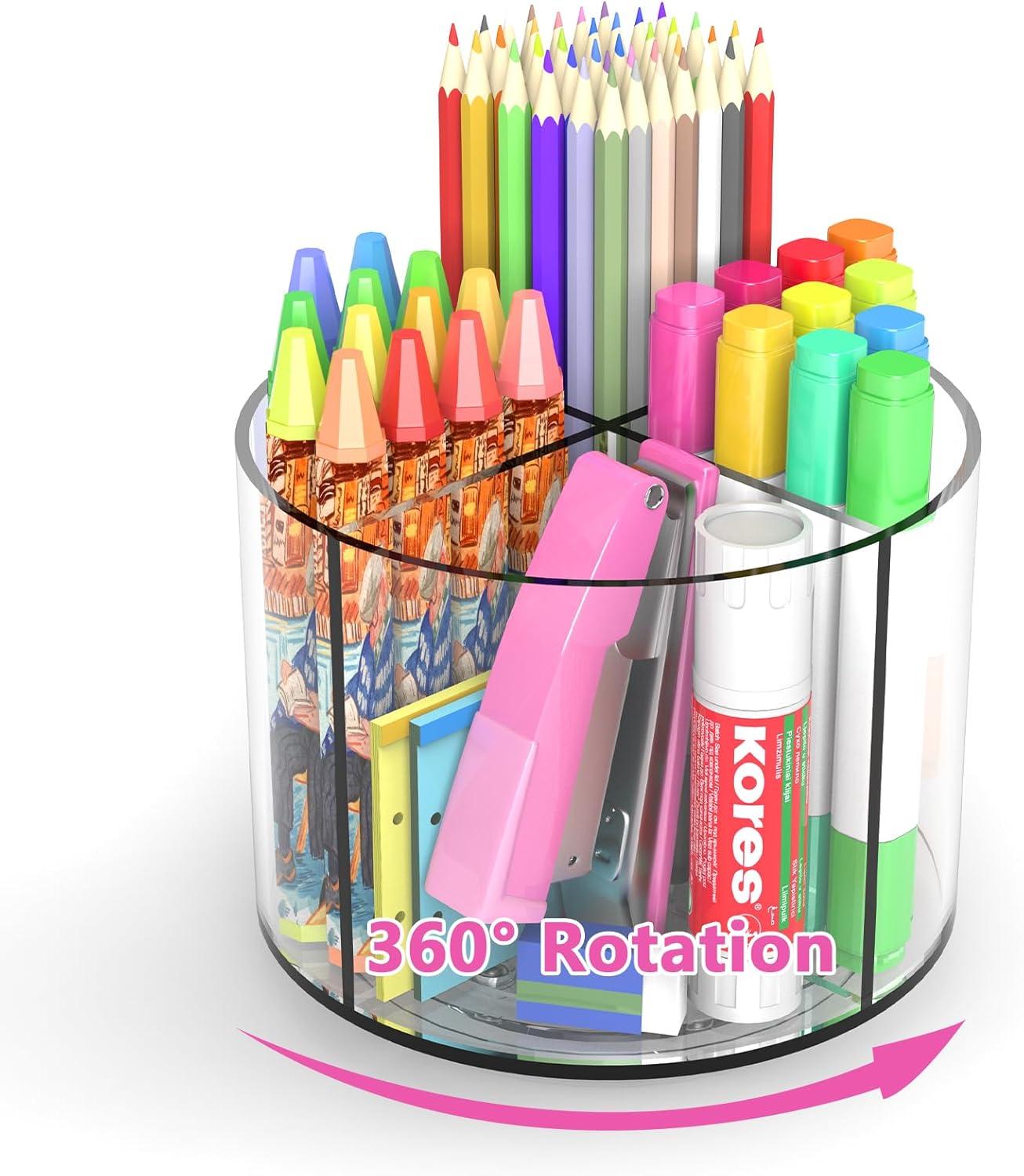 Small Pencil Organizer for Desk Acrylic 4 Compartments, Tiny Rotating Art Supply Organizer Kids, Spinning Round Marker Small Clear Desktop Caddy Swivel Office Pen Pencil Holder