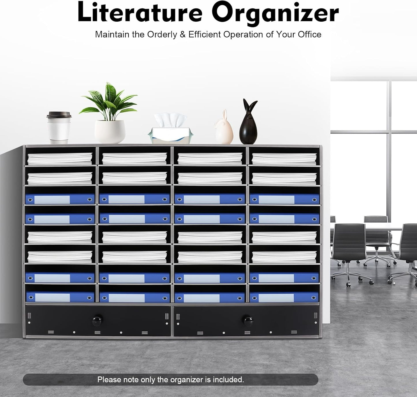 Literature Organizers, Mail Sorter Organizer Adjustable Shelves and 2 Drawers Desktop File Sorter Paper Organizer for Home School Office (Black, 32 Slots with 2 Drawers)