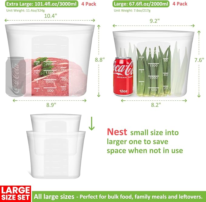 Reusable Storage Bags, Set of 2 Large Sizes, 8 Pack 100% Silicone Food Storage Bags Stand Up Zip Lock Bag for Food, Freezer Microwave Oven Dishwasher Safe, 4 XL-4/5 Gallon, 4 L-1/2 Gallon, Translucent
