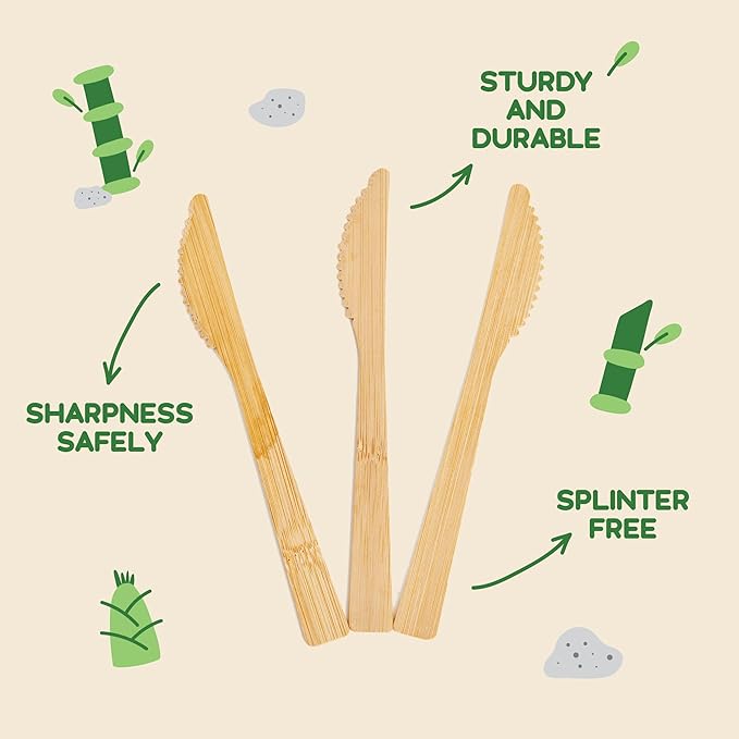 100% Bamboo Utensils - 400 Carbonized Knives Disposable Cutlery Biodegradable and Sanitized - Heavy Duty & Fully Functional