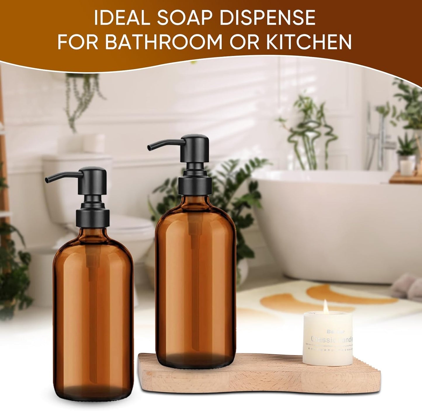 2 Pack Brown Glass Bottle, Soap Dispenser with Stainless Steel Pump,17 oz Hand and Amber Dish Soap Dispensers Set Kitchen,Hand Soap Dispenser Bathroom, Modern Brown Soap Lotion Bottle