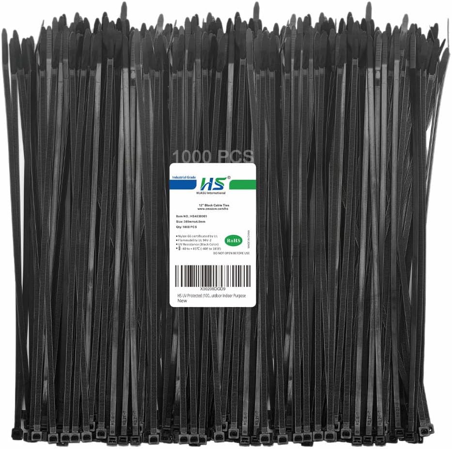 HS 12 Inch Black Zip Ties 1000 Bulk Pack,Nylon Cable Ties 50 LB Strong Wire Tie Wraps Black UV Outdoor Purpose