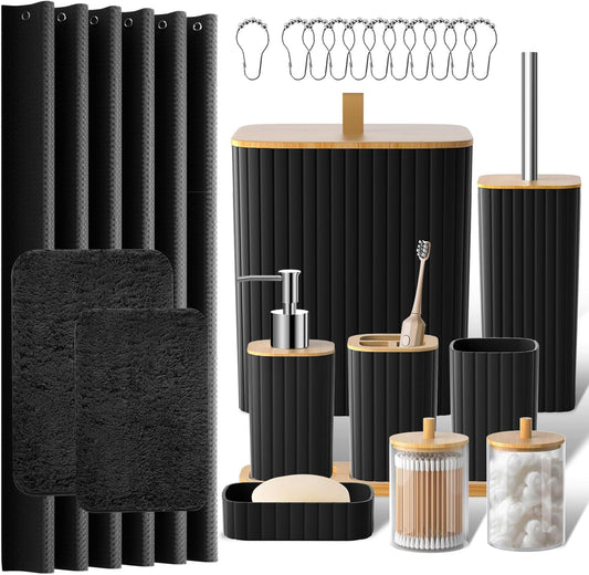 Bathroom Accessories Set - 24PCS Black Bathroom Set with Shower Curtain and Rugs, Trash Can, Toilet Brush Holder Set & Soap Dispenser – Stylish & Functional Bath Decor for Home, Apartment