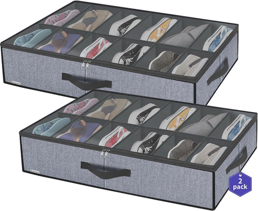 Onlyeasy Large Under Bed Shoe Organizer (6 to 12 Pairs x 2) - Underbed Shoes Closet Storage Solution with Metal Zipper and 2 Handles, Breathable, 29.3"x23.6"x5.9", Linen-like Grey, MXDUBSB2P