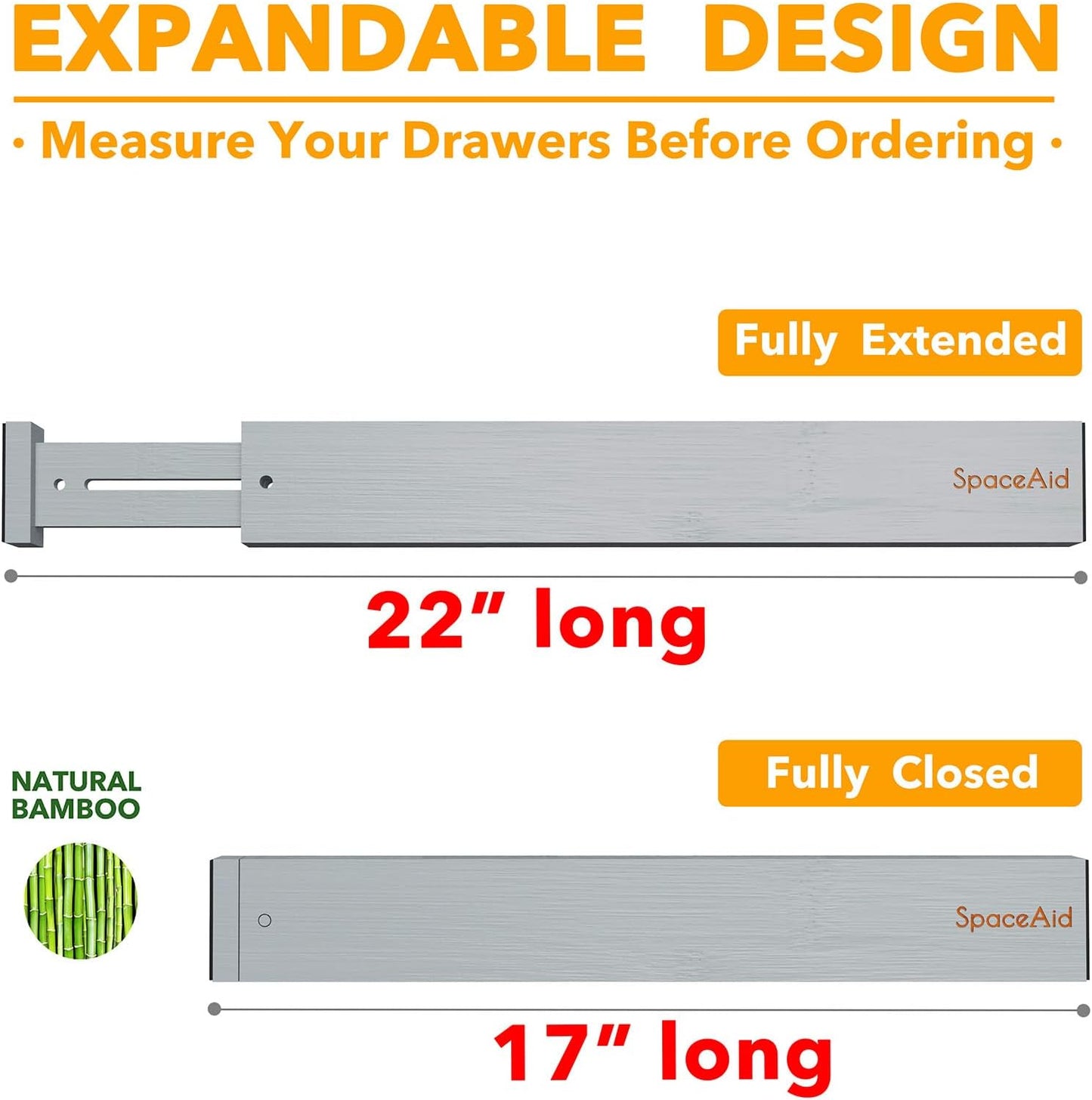 SpaceAid 4 Pack Bamboo Drawer Dividers with Labels, Kitchen Adjustable Drawer Organizers, Expandable Organization for Home Clothes Dressers (17-22 in, Gray)