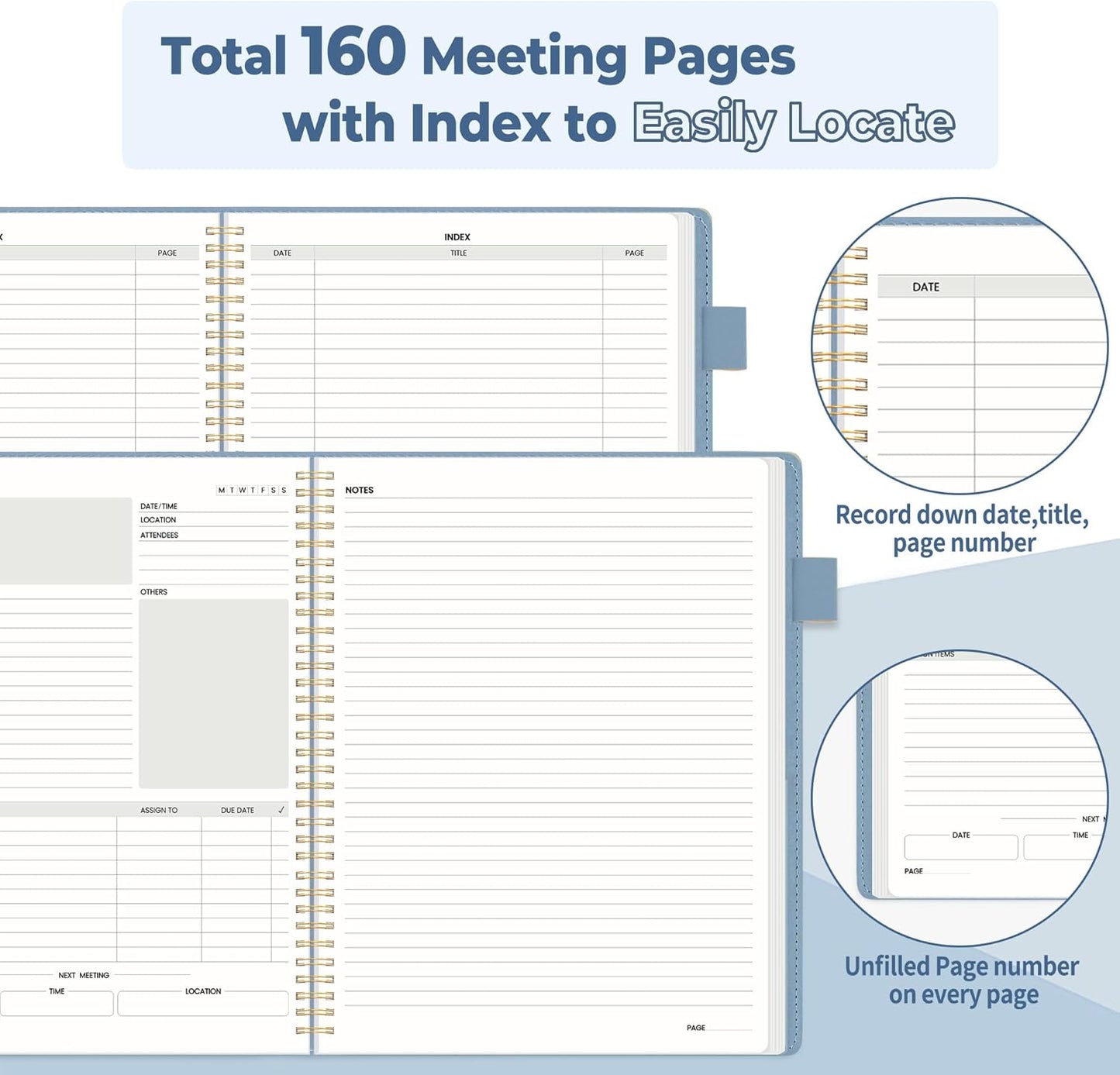 SUNEE Half Meeting Half Note - 8.5"x11" Professional Notebooks for Work - 160 Pages, A4 Size Project Planner, Spiral Meeting Agenda Organizer for Women Men, Note Taking,Office with Vegan Leather Cover
