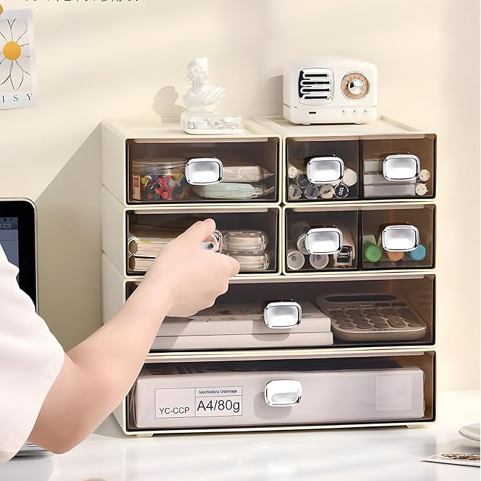 Spacious Desktop Storage Box, 1 Large Storage Drawer, Stackable Office Desk Drawer Organizer and Accessories, Printer Paper Organizer, Cream Plastic Drawers for Workspace & Home