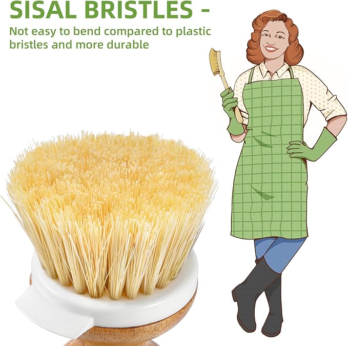 SUBEKYU Dish Brush, Bamboo Dish Scrubber Brush Set with Tray, Natural Kitchen Dishwashing Scrub Brush for Cleaning Dishes/Pans/Pots, Built-in Scraper, Natural Sisal + Palm Bristles, Set of 2