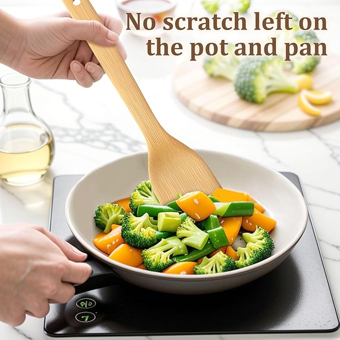 HANSGO Bamboo Wooden Spoons for Cooking 6-Piece, Nonstick Bamboo Kitchen Utensils Set Wood Spatulas Spoons for Daily Use, Housewarming Gifts