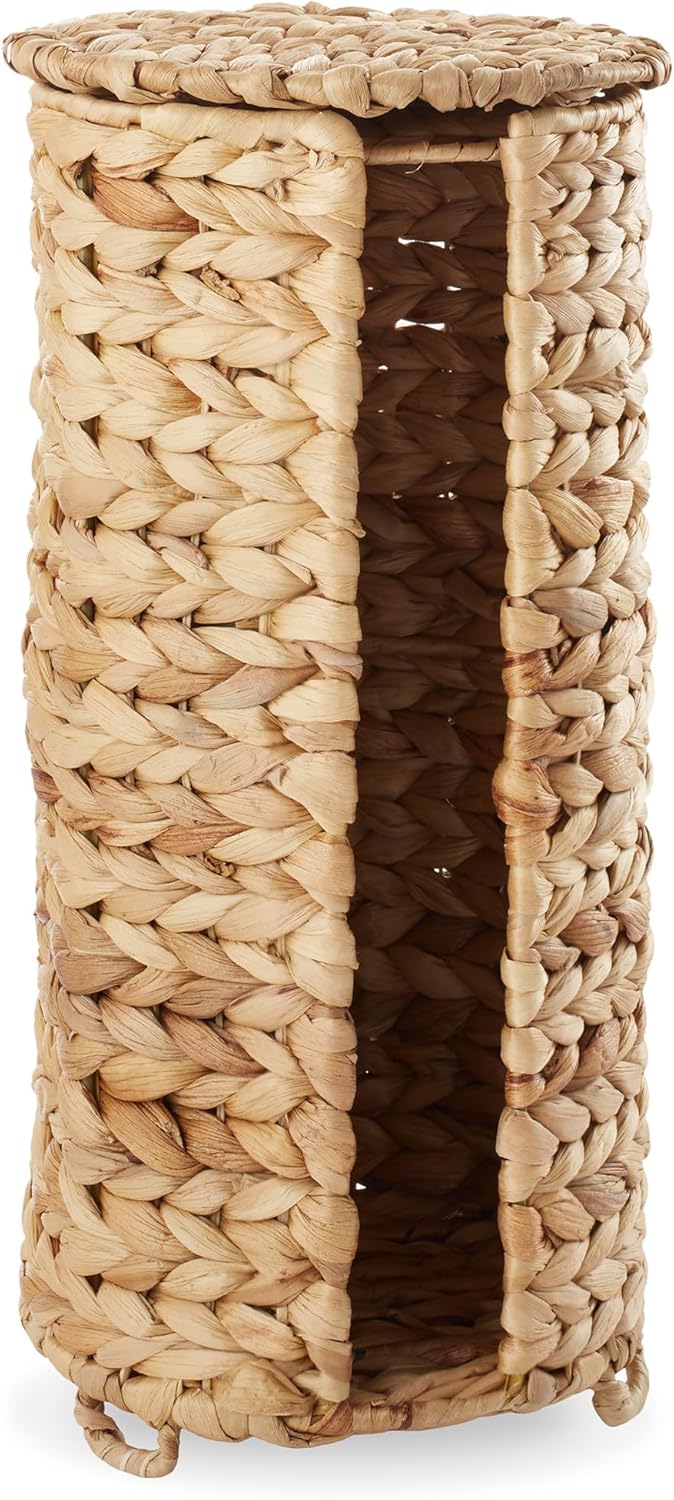 Casafield Free Standing Toilet Paper Storage Roll Holder with Lid - Natural, Fits 3 Rolls, Water Hyacinth Bath Tissue Organizer for Bathroom