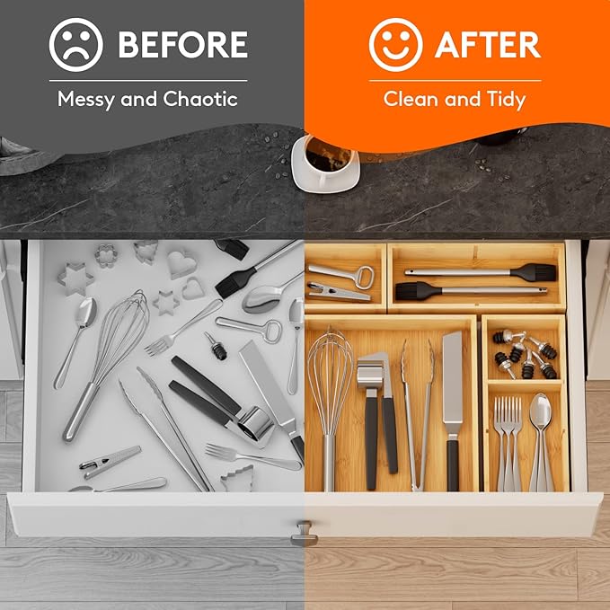 Lifewit Drawer Organizers 5 Pack(11 Grid) with 6 Inserts, Adjustable Bamboo Wooden Drawer Dividers, Stackable Storage Box for Utensils, Silverware, Makeup, Junk in Kitchen/Bathroom/Office/Vanity